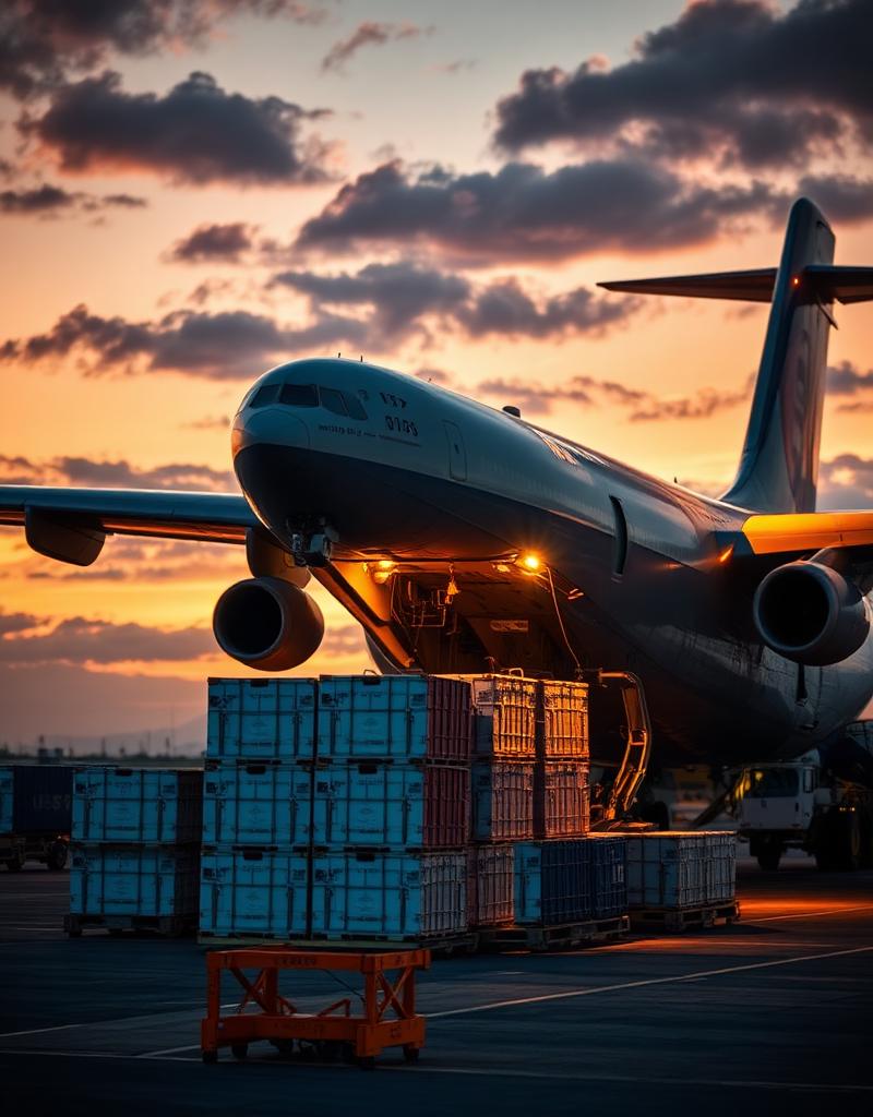 Cargo plane loading high-value crates at dusk